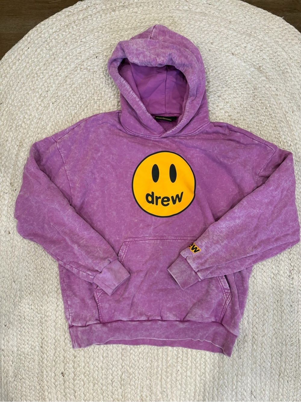 drew house pink pullover hoodie with yellow logo